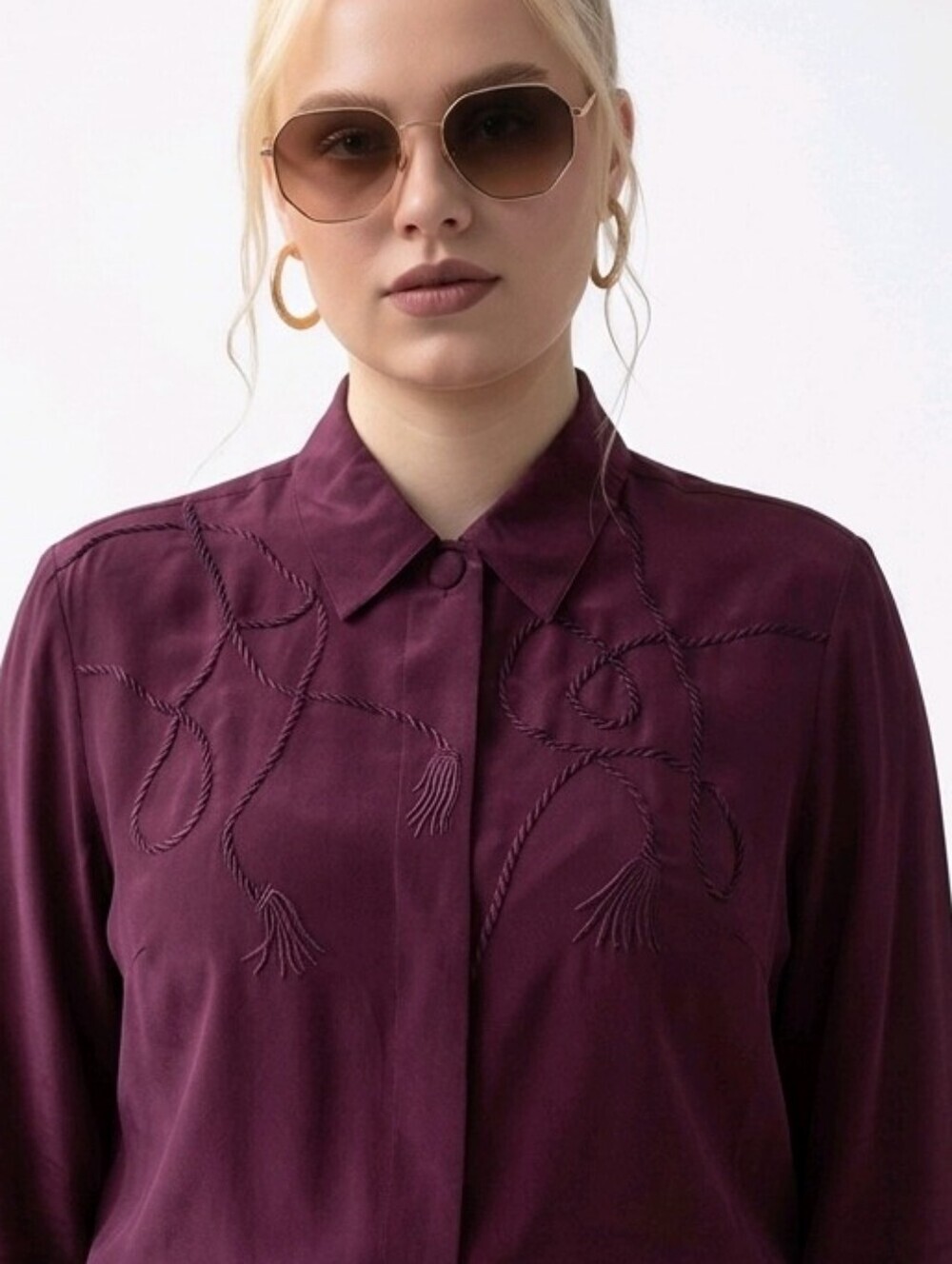 NWT VINTAGE Pendleton SILK Aubergine Tassel Embroidered Button-Down Blouse sz 14